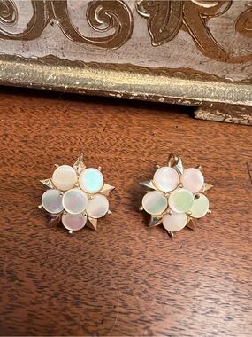 Vintage Gold Floral Opal Disc Clip-On Screwback Earrings